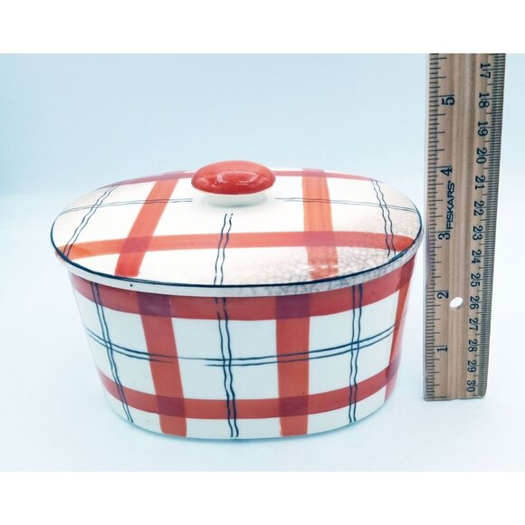 Red Plaid Storage Container Hand Painted Ceramic Crazed Vintage Takito Company - Picture 2 of 16